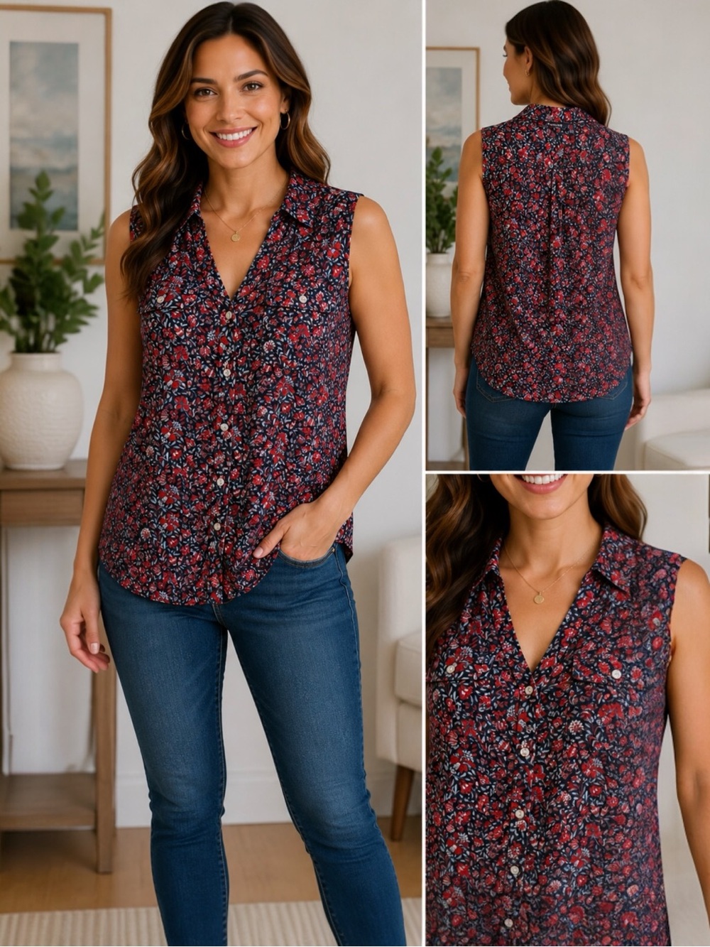 RELATIVITY Floral Sleeveless Button Front Blouse Medium Red Blue V-Neck